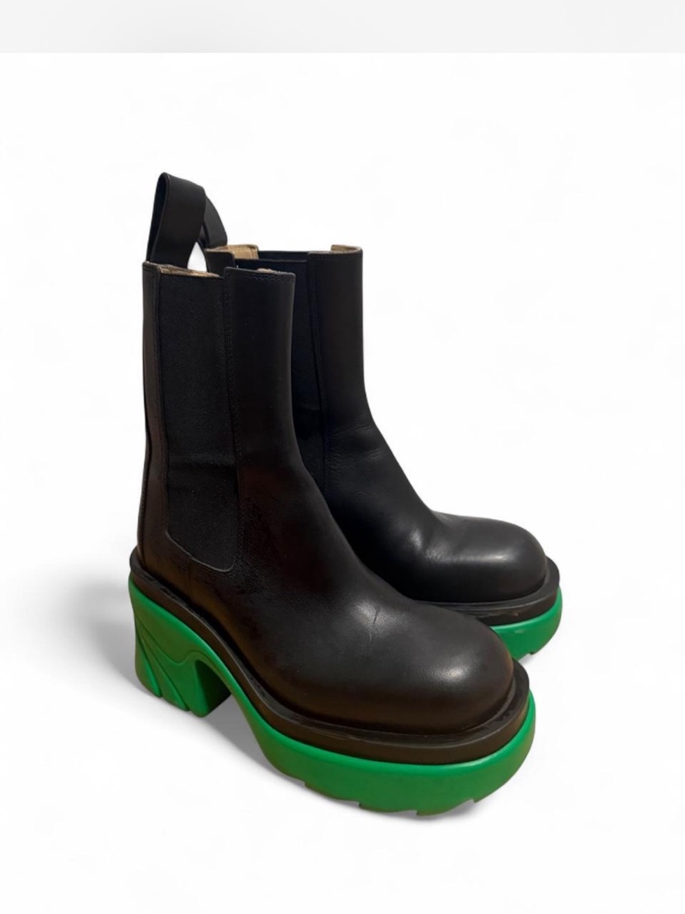 Bottega Veneta Black Leather Chelsea Boots with Green Platform